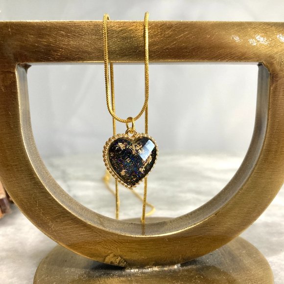 Sterling Silver Flecked Heart Pendant Gold Necklace - Picture 5 of 11